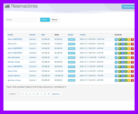 Reportes de ingresos y ocupación de canchas